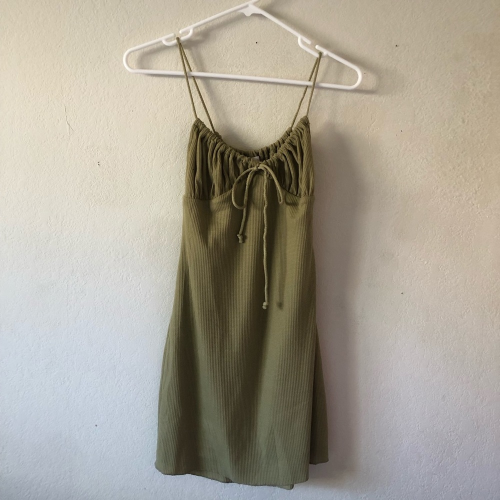 sage waffle print tie front mini dress
